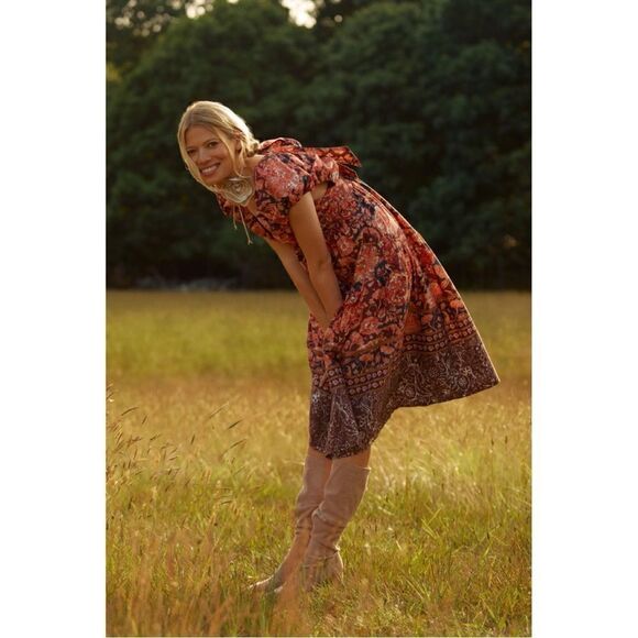 NEW By Anthropologie Deep V-Neck Puff Sleeve Bow Tie Back Babydoll Dress Size 2 - Picture 5 of 6